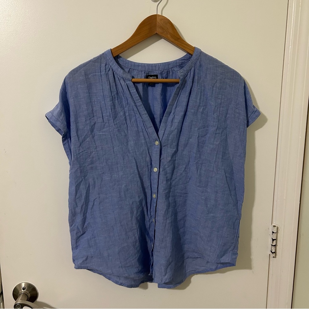 Linen Cotton Blue Pleated Button-Up Women's Top Blouse
